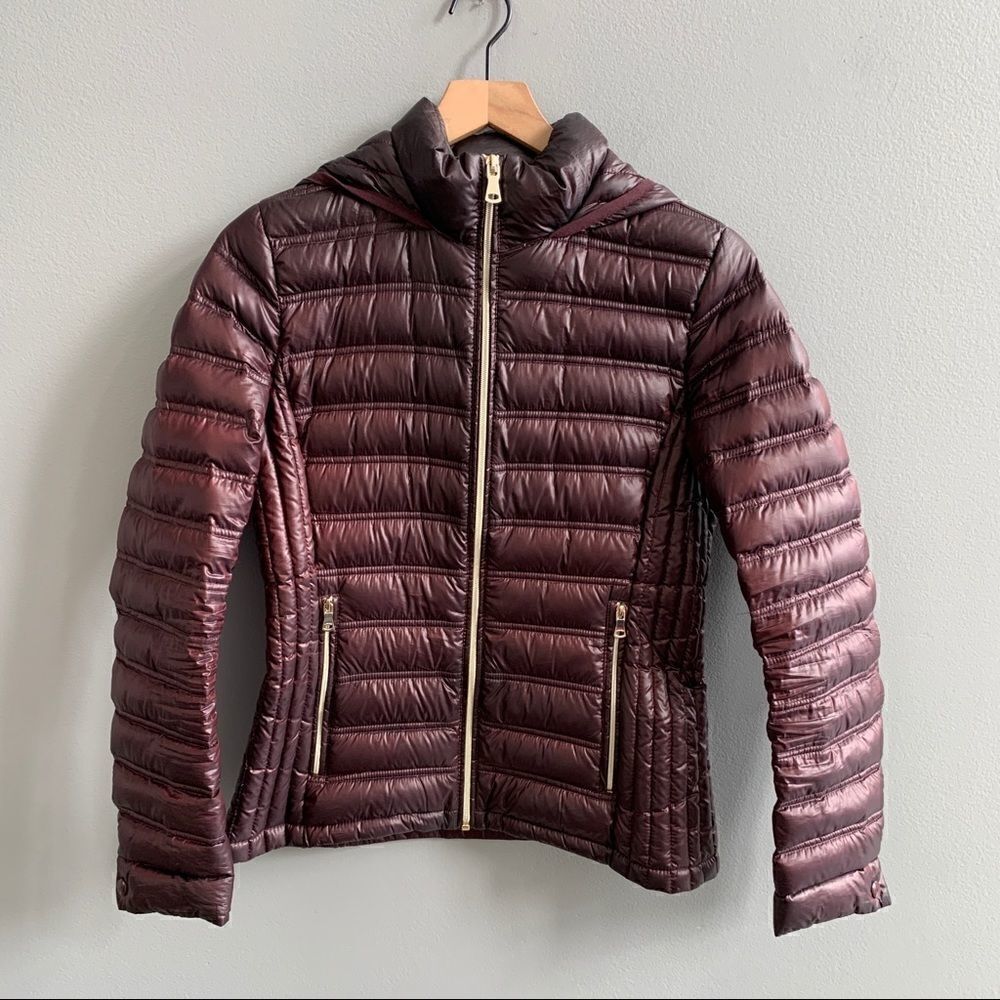 CALVIN KLEIN Hooded Packable Premium Down Puffer Coat Eggplant Wine XS - Picture 3 of 15